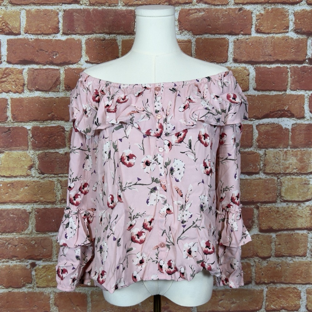 Sanctuary Floral Long Ruffle Sleeves Off the Shoulder Womens Size Large Boho Top